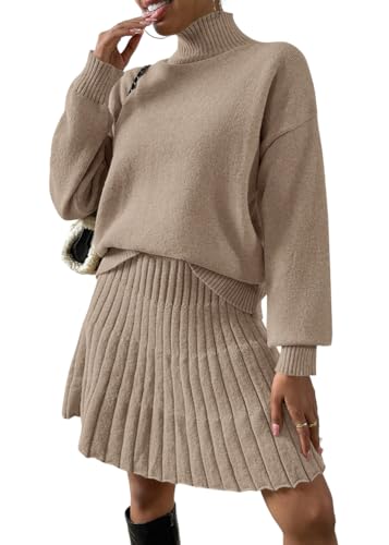 ORANDESIGNE 2 Stücke Set Damen Rollkragenpullover Schulterpullover Fallen Lassen und Plissierter Strickrock Einfarbiger Rundhals Langarm Pullover und Rock Zweiteiliger Strickkleid Anzug A Aprikose L von ORANDESIGNE