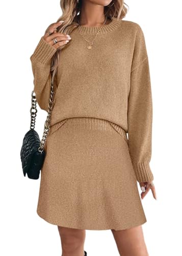 ORANDESIGNE 2 Stücke Set Damen Rollkragenpullover Schulterpullover Fallen Lassen und Plissierter Strickrock Einfarbiger Rundhals Langarm Pullover und Rock Zweiteiliger Strickkleid Anzug B Kamel M von ORANDESIGNE