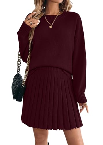 ORANDESIGNE 2 Stücke Set Damen Rollkragenpullover Schulterpullover Fallen Lassen und Plissierter Strickrock Einfarbiger Rundhals Langarm Pullover und Rock Zweiteiliger Strickkleid Anzug B Weinrot S von ORANDESIGNE