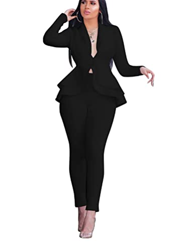 ORANDESIGNE 2 Teiler Damen Elegant Hosenanzug Slim Fit Hosenanzug Blazer mit Anzughosen 2 Stück Anzug Set für Office Hochzeit 02-Schwarz L von ORANDESIGNE