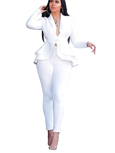 ORANDESIGNE 2 Teiler Damen Elegant Hosenanzug Slim Fit Hosenanzug Blazer mit Anzughosen 2 Stück Anzug Set für Office Hochzeit 02-Weiß M von ORANDESIGNE
