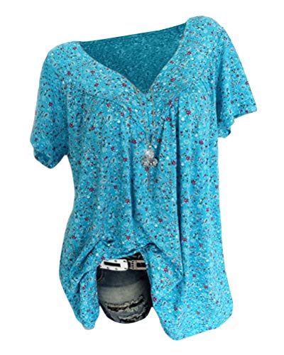 ORANDESIGNE 2020 Sommer Shirt Tuniken Damen Beiläufige Blumen V-Ausschnitt T Shirt Unregelmäßige Rand Kurzarm Bluse A Blau XXL von ORANDESIGNE