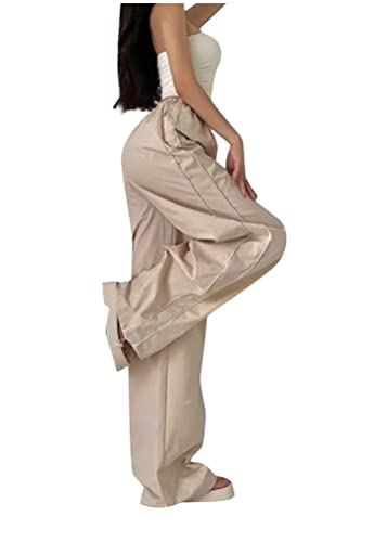 ORANDESIGNE 2023 Teenager Mädchen Mode Y2k Streetwear Vintage Fallschirmhosen Cargohose Baggy Track Pants Damen Y2K Weites Bein Hosen Freizeithose Frauen Parachute Pants 90er Sport Hose U Beige M von ORANDESIGNE