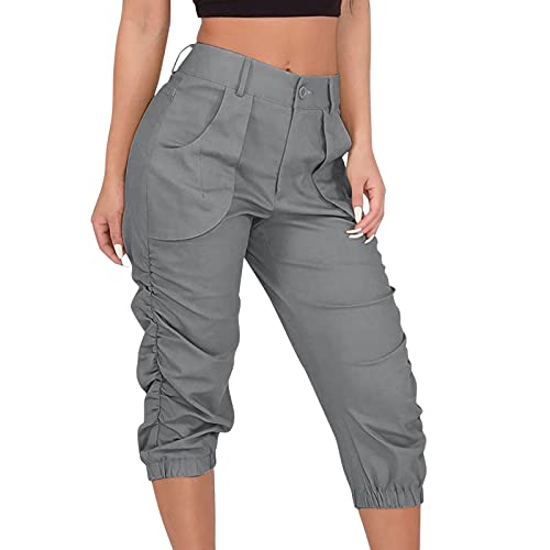 ORANDESIGNE 3/4 Hose Damen Cargohose mit Tasche Einfarbig Haremshose Sommerhose Caprihose Freizeithose Paperbag Hosen Pumphose Stoffhose Arbeitshose A Grau S von ORANDESIGNE