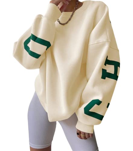 ORANDESIGNE A Beige Damen Oversized Sweatshirt Briefe Drucken Langarm Rundhals Pullover Warm Pulli Casual Bequem Teenager Mädchen Hoodie Sportbekleidung S von ORANDESIGNE