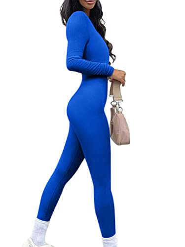 ORANDESIGNE A Blau Damen Sport Jumpsuit Lang Eng Yoga Bodysuit Overall Stretch Langarm Bodycon Strampler Sportanzug Einteiler Hosenanzug Trainingsanzug XS von ORANDESIGNE