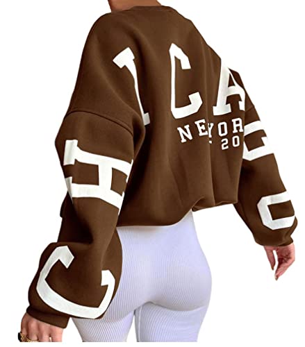 ORANDESIGNE A Braun Damen Oversized Sweatshirt Briefe Drucken Langarm Rundhals Pullover Warm Pulli Casual Bequem Teenager Mädchen Hoodie Sportbekleidung L von ORANDESIGNE