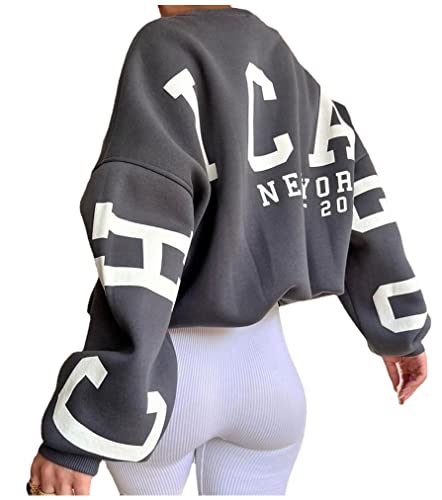 ORANDESIGNE A Grau Damen Oversized Sweatshirt Briefe Drucken Langarm Rundhals Pullover Warm Pulli Casual Bequem Teenager Mädchen Hoodie Sportbekleidung L von ORANDESIGNE