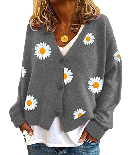 ORANDESIGNE A Grau Damen Strickjacke Pullover V Ausschnitt Warm Cardigan Kurz Einfarbig Winterjacke Pulli Mit Einzig Knöpfe Jacket Langarm Coat Oberteile XL von ORANDESIGNE