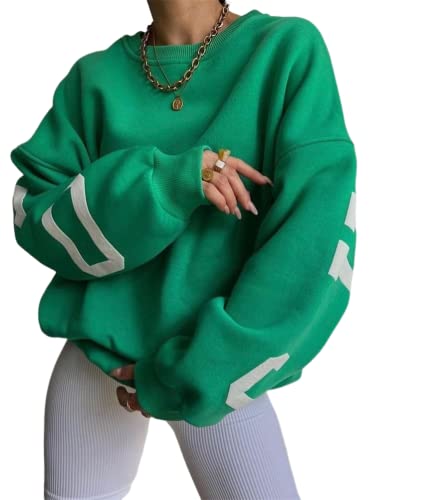 ORANDESIGNE A Grün Damen Oversized Sweatshirt Briefe Drucken Langarm Rundhals Pullover Warm Pulli Casual Bequem Teenager Mädchen Hoodie Sportbekleidung M von ORANDESIGNE