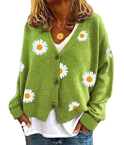 ORANDESIGNE A Grün Damen Strickjacke Gänseblümchen Druck Strickmantel V Ausschnitt Strickcardigan Langarm Lose mit Knopf Liebe Drucken Sterndruck Strick Cardigan XXL von ORANDESIGNE