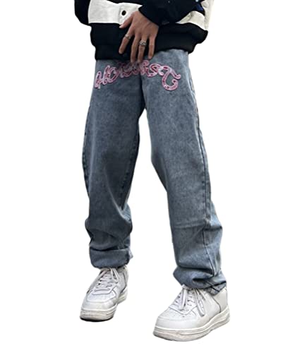 ORANDESIGNE Herren Jeans Baggy Locker Gerade Hip Hop Skateboard Streetdance Denim Hosen A Hellblau XL von ORANDESIGNE