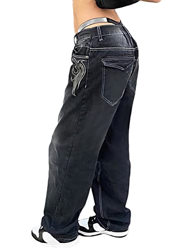 ORANDESIGNE A Schwarz Damen Cargohose Baggy Hohe Taille Gerade Breites Bein Baggy Denim Hosen Y2k Aesthetic Vintage Lang Freizeithose 90er E-Girl Streetwear XL von ORANDESIGNE