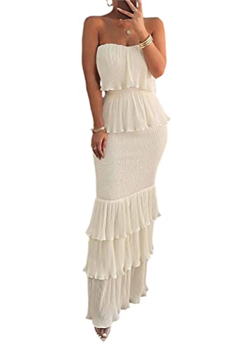 ORANDESIGNE Abendkleid Damen Elegant Bralette Etuikleid Trägerlos Bleistiftkleider mit Bügelfalten Rüschen Maxikleid Cocktailkleid Ruffle Saum Layered Kleid Festlich Hochzeitsgäste A Beige M von ORANDESIGNE