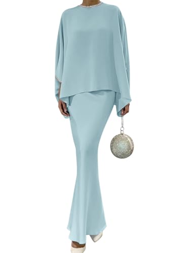 ORANDESIGNE Abendkleid Damen Lang Elegant Ballkleid Langarm Bluse Weit + Etui Rock Lang Zweiteiler Kleider Hochzeit Bodenlanges Festlich Cocktailkleid Partykleid Maxikleid Abiball A Hellblau XXL von ORANDESIGNE