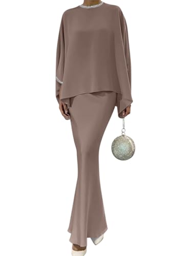 ORANDESIGNE Abendkleid Damen Lang Elegant Ballkleid Langarm Bluse Weit + Etui Rock Lang Zweiteiler Kleider Hochzeit Bodenlanges Festlich Cocktailkleid Partykleid Maxikleid Abiball A Khaki M von ORANDESIGNE