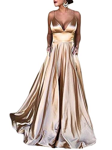 ORANDESIGNE Abendkleid Damen Lang Elegant Ballkleid V-Ausschnitt Maxikleid Brautjungfernkleid Cocktailkleid Festlich Kleid Wickelkleid Swing Sommerkleid Weihnachtskleider 01 Gold L von ORANDESIGNE