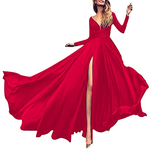 ORANDESIGNE Abendkleid Damen Lang Elegant Ballkleid V-Ausschnitt Maxikleid Sommerkleid Taillenbankettkleid Årmelloses Cocktailkleid Split Kleid Hohe Taille Weihnachtskleider Dress E Rot XL von ORANDESIGNE