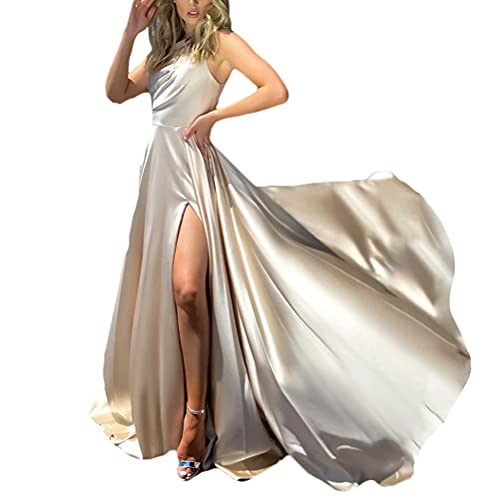 ORANDESIGNE Abendkleid Damen Lang Elegant Ballkleid V-Ausschnitt Maxikleid Sommerkleid Taillenbankettkleid Årmelloses Cocktailkleid Split Kleid Hohe Taille Weihnachtskleider I Golden S von ORANDESIGNE