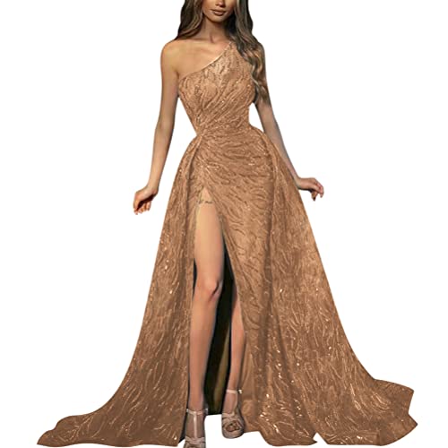 ORANDESIGNE Abendkleid Damen Lang Elegant Paillettenkleid Cocktailkleid mit einem Ärmel Hohe Taille Glitzerkleid A-Linie Ballkleider Maxilang A Gold XXL von ORANDESIGNE