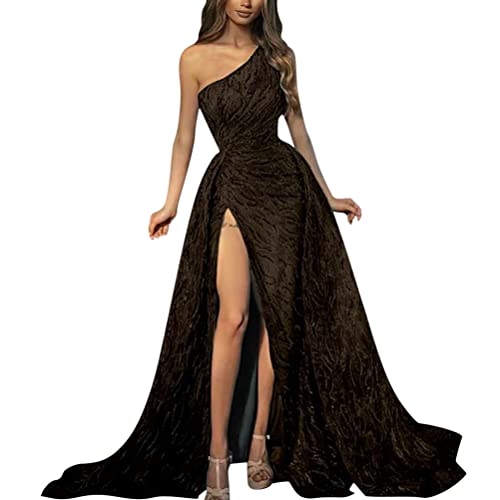 ORANDESIGNE Abendkleid Damen Lang Elegant Paillettenkleid Cocktailkleid mit einem Ärmel Hohe Taille Glitzerkleid A-Linie Ballkleider Maxilang A Schwarz M von ORANDESIGNE
