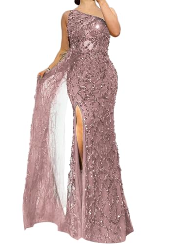 ORANDESIGNE Abendkleid Damen Lang Elegant Paillettenkleid Cocktailkleid mit einem Ärmel Hohe Taille Glitzerkleid A-Linie Ballkleider Maxilang C Rosa L von ORANDESIGNE