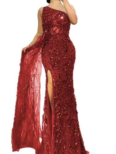 ORANDESIGNE Abendkleid Damen Lang Elegant Paillettenkleid Cocktailkleid mit einem Ärmel Hohe Taille Glitzerkleid A-Linie Ballkleider Maxilang C Rot L von ORANDESIGNE