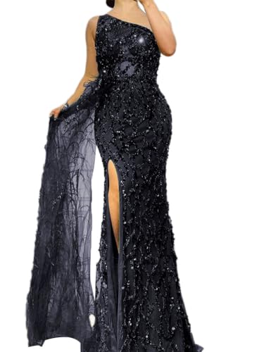ORANDESIGNE Abendkleid Damen Lang Elegant Paillettenkleid Cocktailkleid mit einem Ärmel Hohe Taille Glitzerkleid A-Linie Ballkleider Maxilang C Schwarz L von ORANDESIGNE