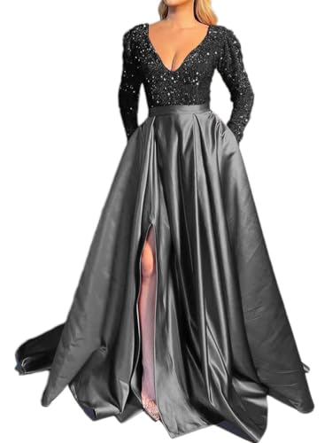 ORANDESIGNE Abendkleid Damen Lang Elegant Paillettenkleid Cocktailkleid mit einem Ärmel Hohe Taille Glitzerkleid A-Linie Ballkleider Maxilang D Schwarz S von ORANDESIGNE