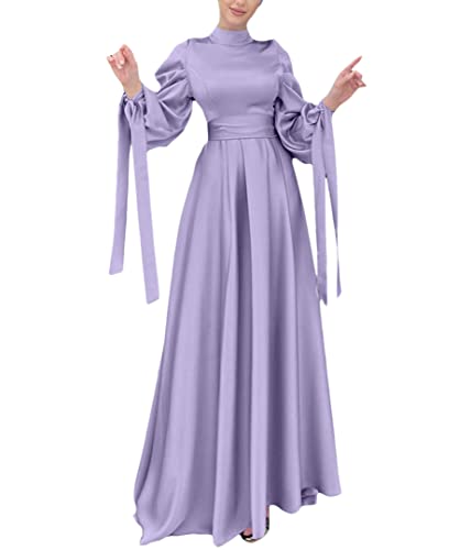 ORANDESIGNE Abendkleid Damen Satinkleid Maxikleid Langarm Laternenärmel Einfarbig Mehrlagig Gerüscht Rundhals Elegant Festtage Swingkleid Wickelkleid Festlich Maxi Kleider D Violett XXL von ORANDESIGNE