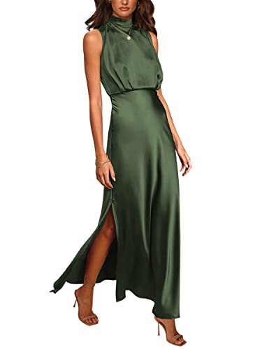 ORANDESIGNE Abendkleid Lang Elegant Curvy Maxikleid Satin Schulterfrei Ballkleider Mit Schlitzen Cocktailkleid Festlich Ärmellos Hochzeit Brautjunfernkleider Wadenlang Sommer Partykleid Militärgrün M von ORANDESIGNE