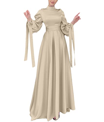 ORANDESIGNE Abendkleid Satinkleid Damen Maxikleid Langarm Laternenärmeln Einfarbig Mehrlagig Gerüscht Rundhals Elegant Festtage Strandkleid Wickelkleid Festlich Kleider D Beige XS von ORANDESIGNE