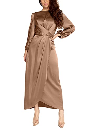 ORANDESIGNE Abendkleid mit Schlitz Damen Satin Kleid Maxikleid Langarm Laternenärmeln Einfarbig Mehrlagig Gerüscht Rundhals Elegant Festtage Strandkleid Wickelkleid Festlich Kleid (A Braun, S) von ORANDESIGNE