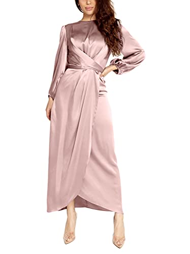 ORANDESIGNE Abendkleid mit Schlitz Damen Satin Kleid Maxikleid Langarm Laternenärmeln Einfarbig Mehrlagig Gerüscht Rundhals Elegant Festtage Strandkleid Wickelkleid Festlich Kleid A Rosa M von ORANDESIGNE