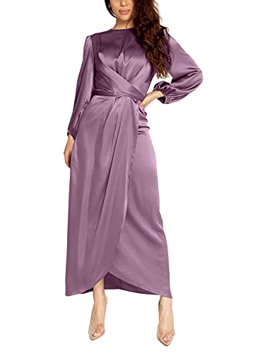 ORANDESIGNE Abendkleid mit Schlitz Damen Satin Kleid Maxikleid Langarm Laternenärmeln Einfarbig Mehrlagig Gerüscht Rundhals Elegant Festtage Strandkleid Wickelkleid Festlich Kleid A Violett, L von ORANDESIGNE