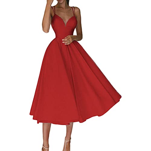 ORANDESIGNE Abendkleider Damen Spaghettiträger V-Ausschnitt Ärmellos Elegant Maxikleid Abendkleid Cocktailkleid Rückenfreies Sexy Kleid Schaukelkleid Brautkleider Cocktail Party A Rot XS von ORANDESIGNE