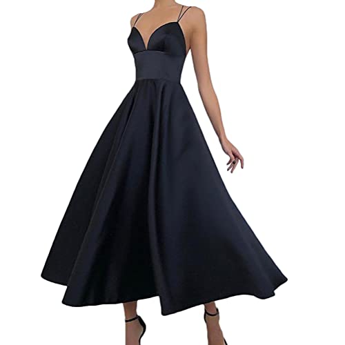 ORANDESIGNE Abendkleider Damen Spaghettiträger V-Ausschnitt Ärmellos Elegant Maxikleid Abendkleid Cocktailkleid Rückenfreies Sexy Kleid Schaukelkleid Brautkleider Cocktail Party B Schwarz M von ORANDESIGNE