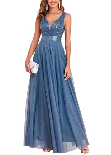 ORANDESIGNE Abendkleider Elegant für Hochzeit Abendkleid Damen Lang Tüll Kleid Paillettenkleid Chiffonkleid Damen Brautjungfernkleid Abschlusskleid Bodenlanges Ballkleid Maxikleid A Blau S von ORANDESIGNE