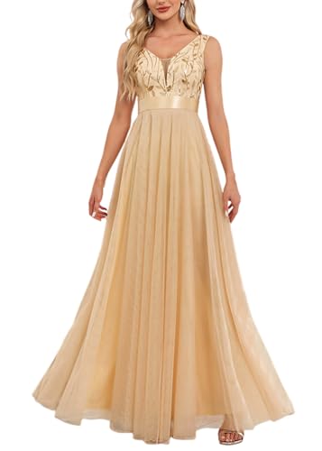 ORANDESIGNE Abendkleider Elegant für Hochzeit Abendkleid Damen Lang Tüll Kleid Paillettenkleid Chiffonkleid Damen Brautjungfernkleid Abschlusskleid Bodenlanges Ballkleid Maxikleid A Champagner M von ORANDESIGNE