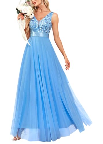 ORANDESIGNE Abendkleider Elegant für Hochzeit Abendkleid Damen Lang Tüll Kleid Paillettenkleid Chiffonkleid Damen Brautjungfernkleid Abschlusskleid Bodenlanges Ballkleid Maxikleid A Hellblau L von ORANDESIGNE