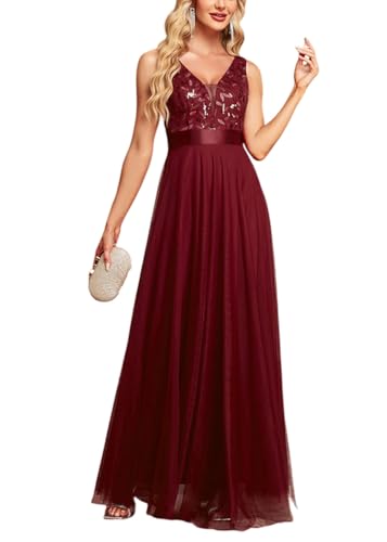 ORANDESIGNE Abendkleider Elegant für Hochzeit Abendkleid Damen Lang Tüll Kleid Paillettenkleid Chiffonkleid Damen Brautjungfernkleid Abschlusskleid Bodenlanges Ballkleid Maxikleid A Weinrot XL von ORANDESIGNE