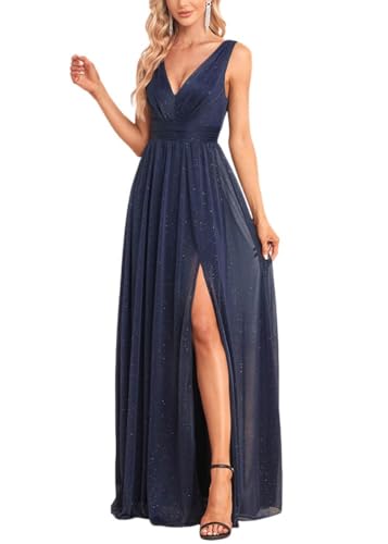 ORANDESIGNE Abendkleider Elegant für Hochzeit Abendkleid Damen Lang Tüll Kleid Paillettenkleid Chiffonkleid Damen Brautjungfernkleid Abschlusskleid Bodenlanges Ballkleid Maxikleid B Marine S von ORANDESIGNE