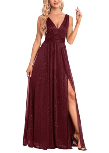 ORANDESIGNE Abendkleider Elegant für Hochzeit Abendkleid Damen Lang Tüll Kleid Paillettenkleid Chiffonkleid Damen Brautjungfernkleid Abschlusskleid Bodenlanges Ballkleid Maxikleid B Weinrot M von ORANDESIGNE