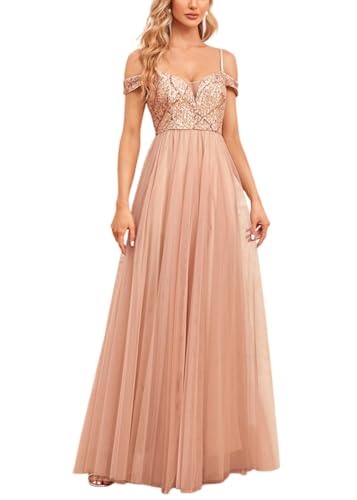 ORANDESIGNE Abendkleider Elegant für Hochzeit Abendkleid Damen Lang Tüll Kleid Paillettenkleid Chiffonkleid Damen Brautjungfernkleid Abschlusskleid Bodenlanges Ballkleid Maxikleid E Champagner M von ORANDESIGNE