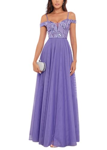 ORANDESIGNE Abendkleider Elegant für Hochzeit Abendkleid Damen Lang Tüll Kleid Paillettenkleid Chiffonkleid Damen Brautjungfernkleid Abschlusskleid Bodenlanges Ballkleid Maxikleid E Lila M von ORANDESIGNE