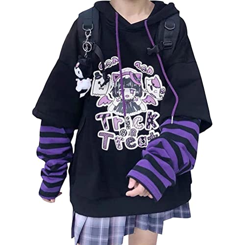 ORANDESIGNE Damen Anime Kapuzenpullover Japan Kawaii Hoodie E-Girl Streetwear Mädchen Y2K Gothic Sweatshirt Pullover B Schwarz S von ORANDESIGNE