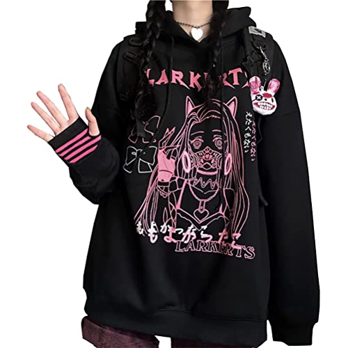 ORANDESIGNE Anime Kleidung Gothic Hoodie Damen Schulsachen Kawaii Fake Two Pullover Japan Harajuku Top e-Girl Teenager Mädchen Rock Clothes I Schwarz M von ORANDESIGNE