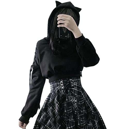 ORANDESIGNE Anime Kleidung Gothic Hoodie Damen Schulsachen Kawaii Fake Two Pullover Japan Harajuku Top e-Girl Teenager Mädchen Rock Clothes O Schwarz XS von ORANDESIGNE