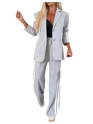 ORANDESIGNE Anzug Damen Elegant 2 Teilig Hosenanzug Business Zweiteiler Festlich Hochzeit Anzug Set Langarm Umlegekragen Blazer mit Knopf und Gerade Geschnittene Anzughose A Grau XS von ORANDESIGNE