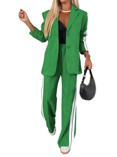ORANDESIGNE Anzug Damen Elegant 2 Teilig Hosenanzug Business Zweiteiler Festlich Hochzeit Anzug Set Langarm Umlegekragen Blazer mit Knopf und Gerade Geschnittene Anzughose A Grün XXL von ORANDESIGNE